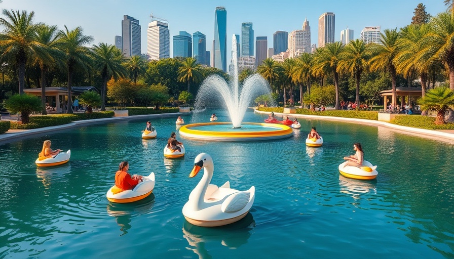 Urban park with pedal boats and fountain in L.A., highlighting L.A. parks rescue plan.