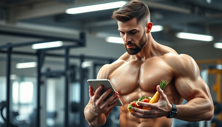 Smart bulking tips with a muscular man choosing healthy foods in a gym.