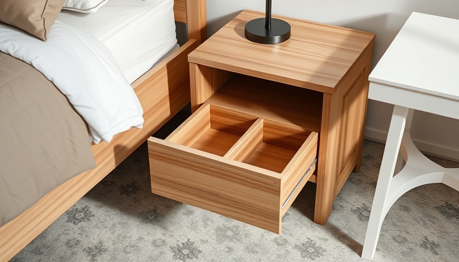 Modern wooden bedside table with open drawer showing compartments in Fresno.
