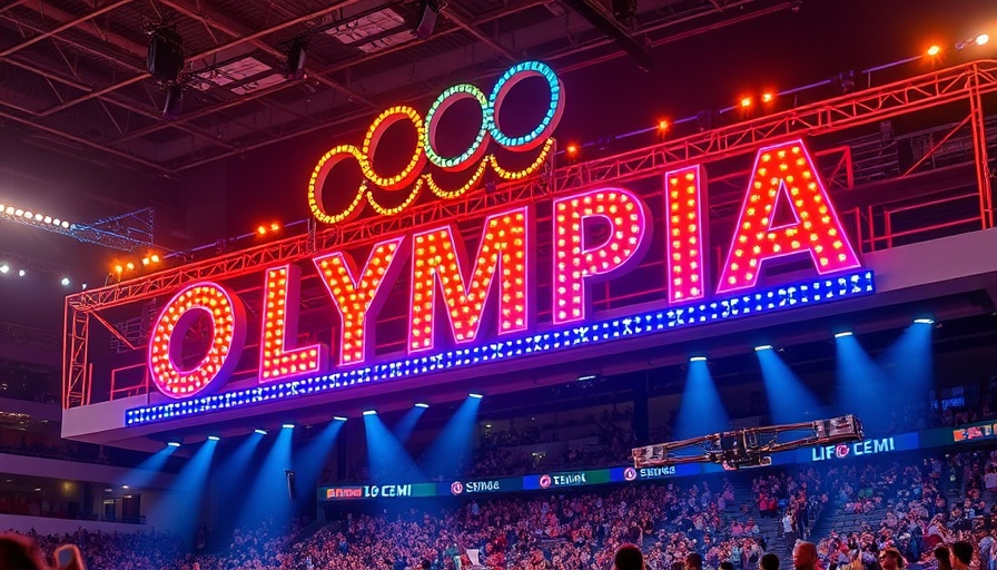 Olympia event sign at 2026 qualification points system with vibrant lights.