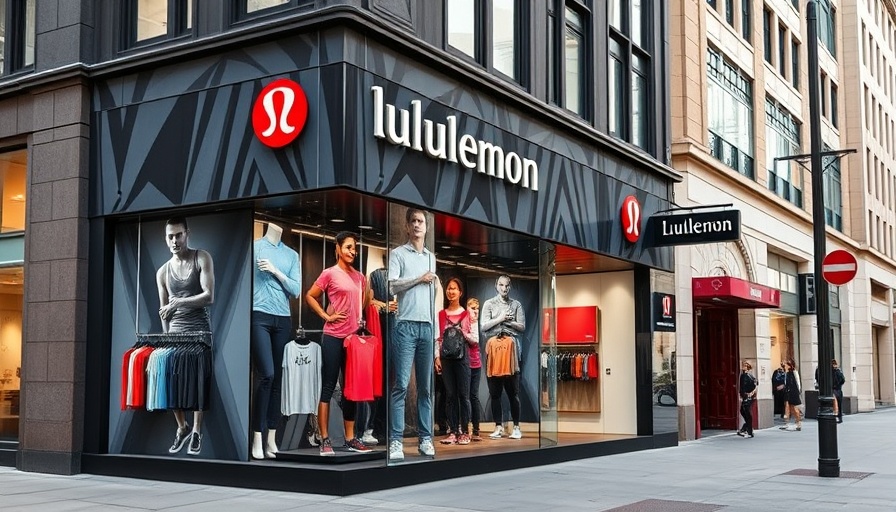 Lululemon logo on storefront with athlete images, earnings guidance discussion.