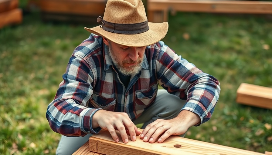 Professional deck builder constructing wood deck outdoors in daylight.