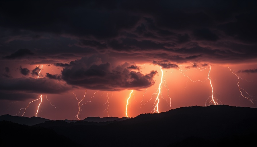 Lightning storm over hills in Bakersfield with a fiery sky.
