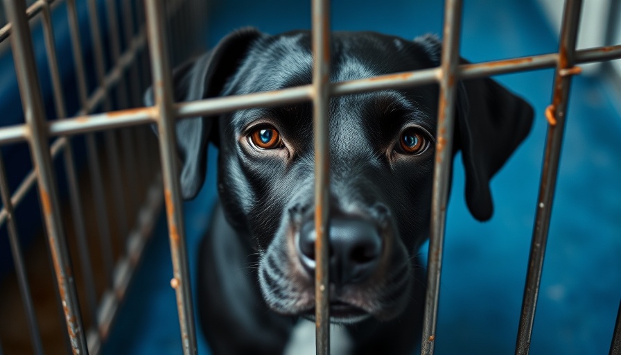 Sad black dog in shelter addressing animal abandonment concerns.
