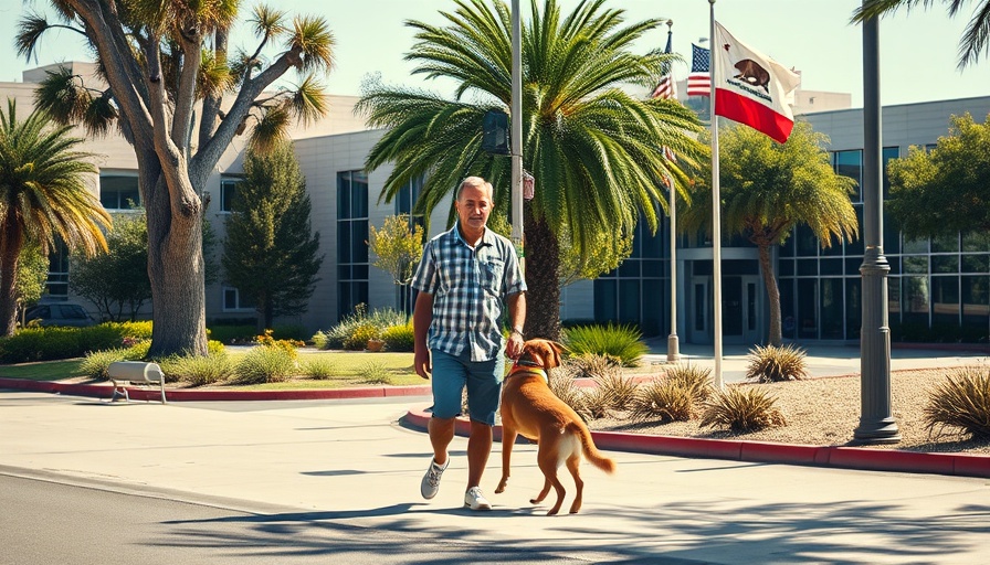 Man and dog walking by Eugene Brucker Center, San Diego.