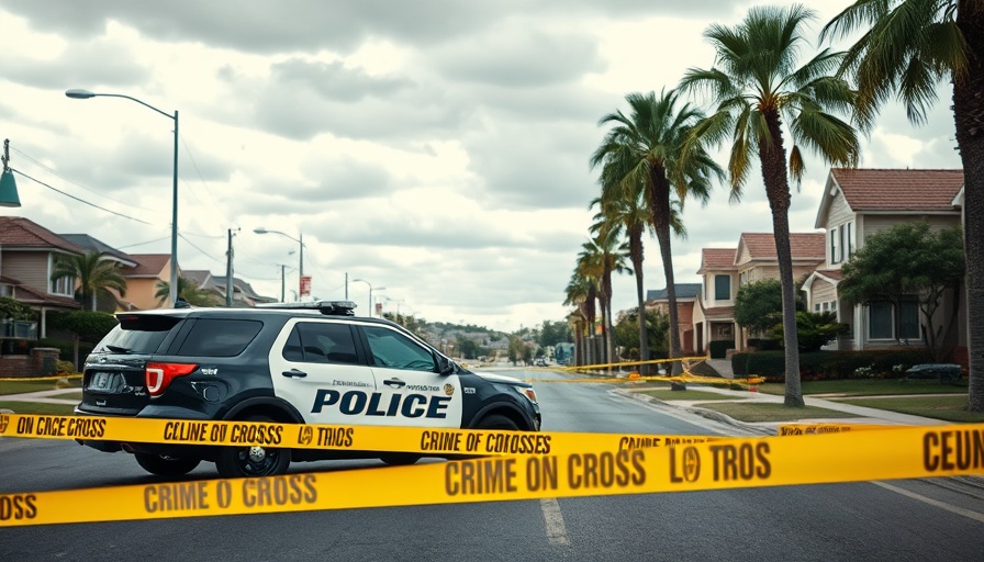 Police car and yellow tape at suburban crime scene, overcast day.