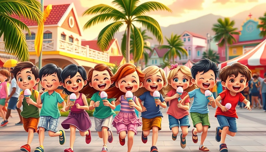 Children enjoying ice cream at a festival, vibrant sunset colors.