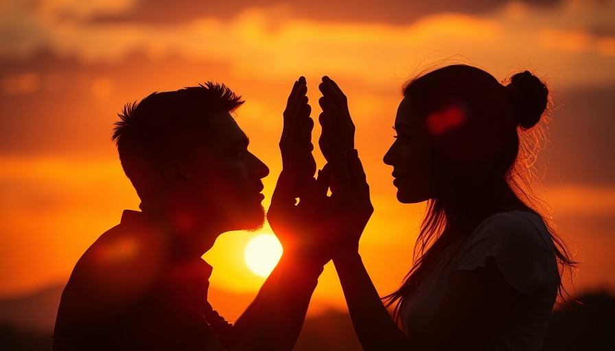 Silhouettes dealing with grief by mending a heart at sunset.