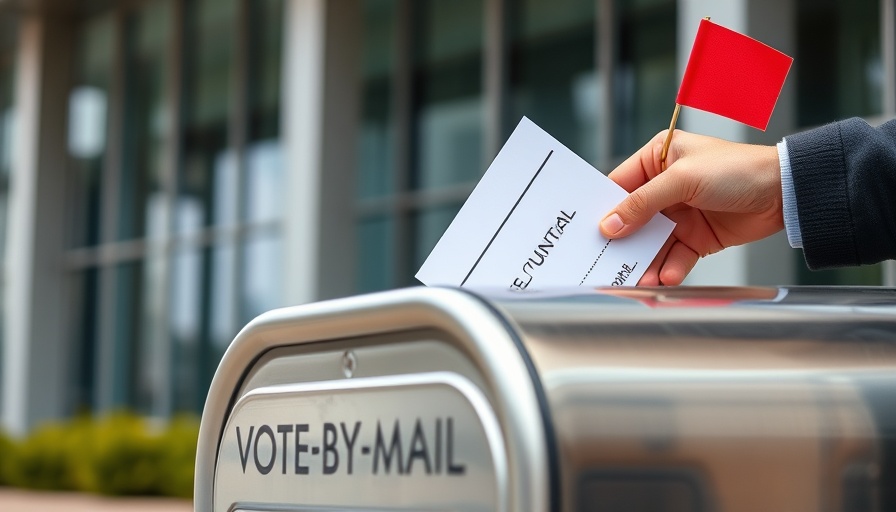 Close-up of mail-in ballot being placed in a silver mailbox for San Diego County Special Election Voting.