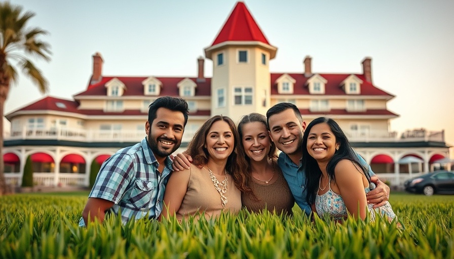 Family posing in front of iconic red-roofed hotel at dusk.