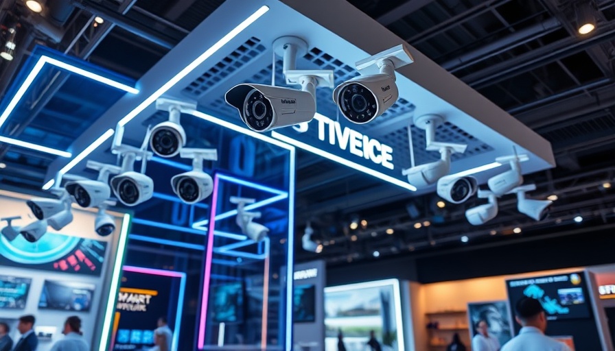 Smart home technology display with security cameras at trade show.