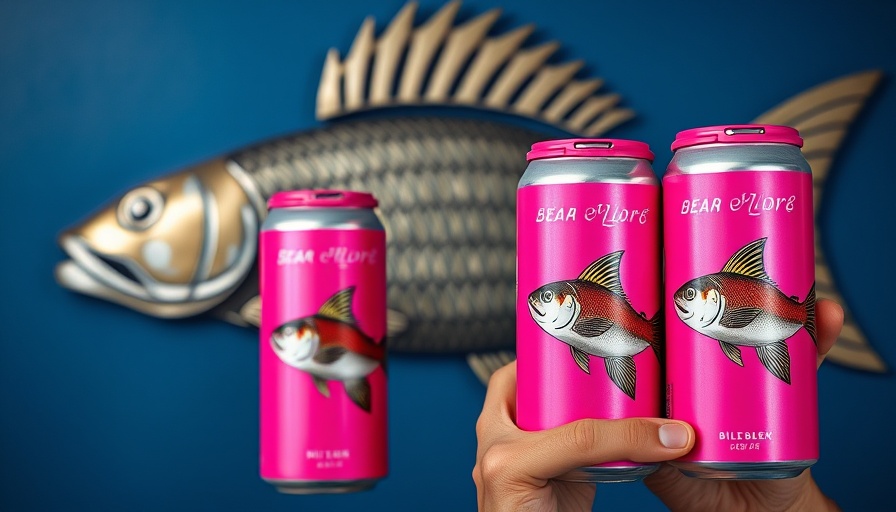 Stellwagen Chunkin' Hard Beer cans held against metal fish art.