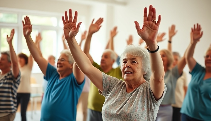Older adults participating in an exercise class, showing engagement and energy in a bright room.