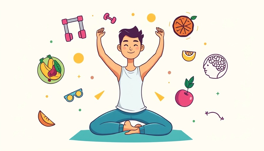 Cartoon showing yoga, fitness, nutrition, mental health, and sleep for small smart habits for wellness.
