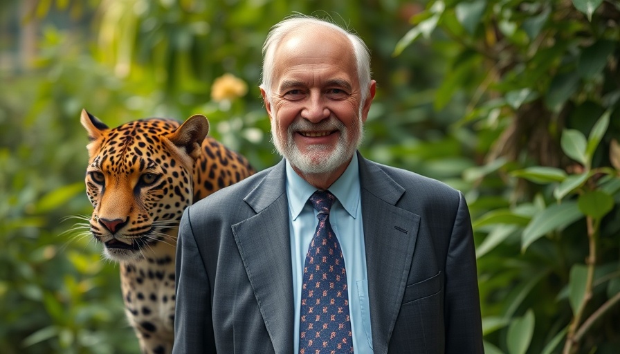 Mr. San Diego 2025 with clouded leopard, lush greenery, smiling.