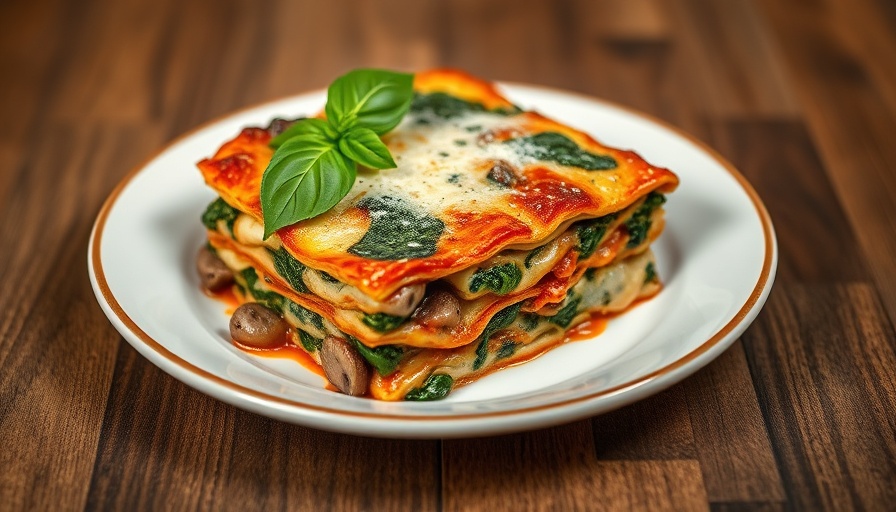 Freshly baked spinach and mushroom lasagna with basil garnish on a plate.