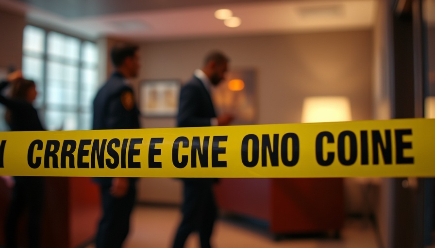 Crime scene tape and blurred figures in background.