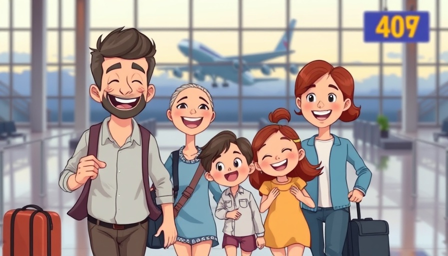 Happy family at airport ready for travel, earning frequent flyer miles.