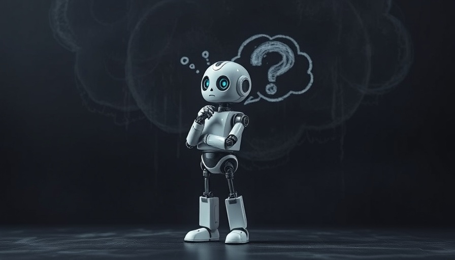 AI robot reflects on smart home security with question cloud.