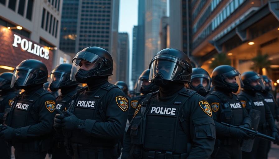 Police officers in gear during LA immigration stops near downtown buildings.