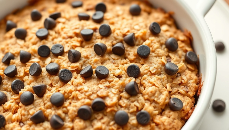 Peanut Butter Zucchini Bread Baked Oatmeal topped with chocolate chips, square slices in a white dish.