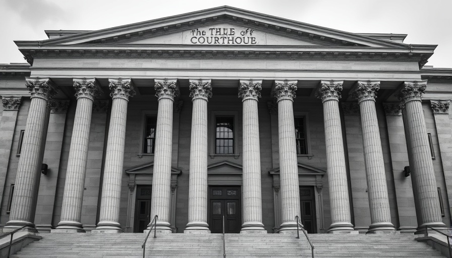 Courthouse exterior with large columns, legal setting.