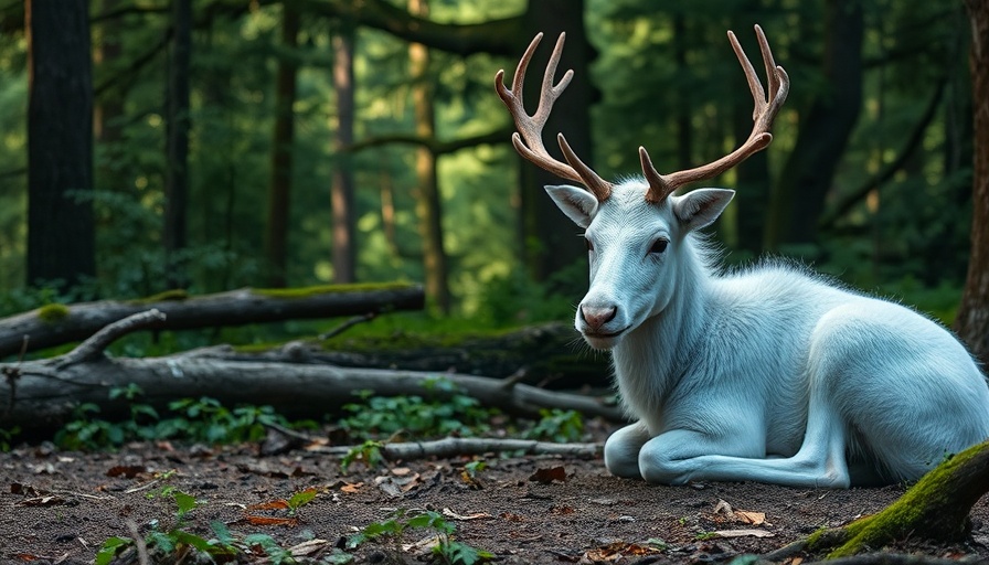 Serene white reindeer resting in lush forest, Sami reindeer herders.