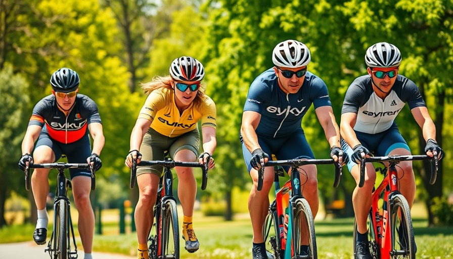 Cyclists at Portage Lakes Triathlon biking down a wooded path.