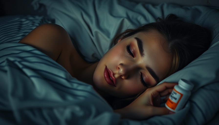 Young woman in bed trying to sleep with pills nearby.