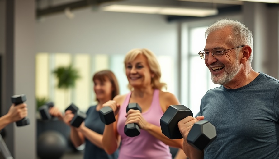Strength training for seniors with energetic individuals using dumbbells.