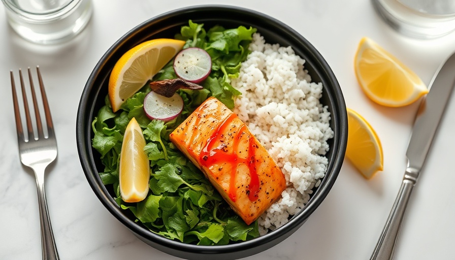 Honey sriracha salmon meal in black container with broccoli and rice