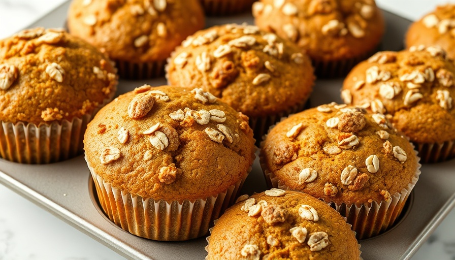 Close-up view of pumpkin streusel oat muffins in a tin.