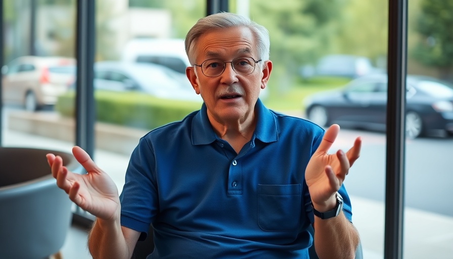 Older man discussing economy indoors with large windows.