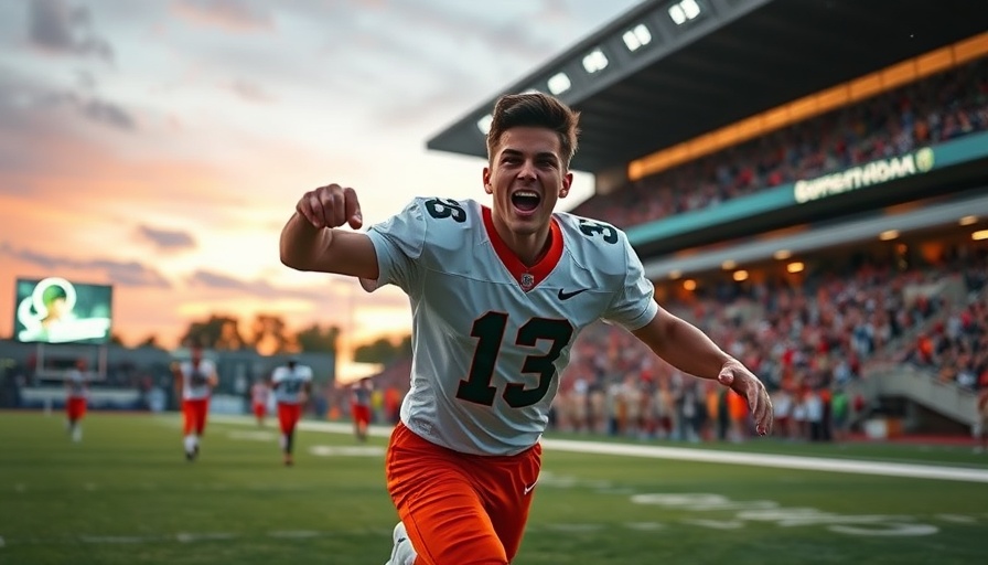 High school football player scores touchdown on bright field.