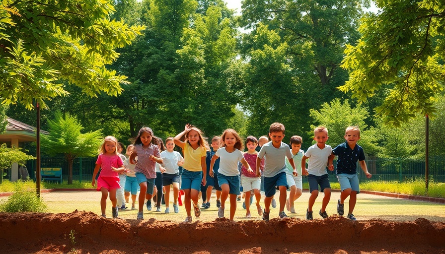Children playing in a sunlit California schoolyard post-wildfire recovery.