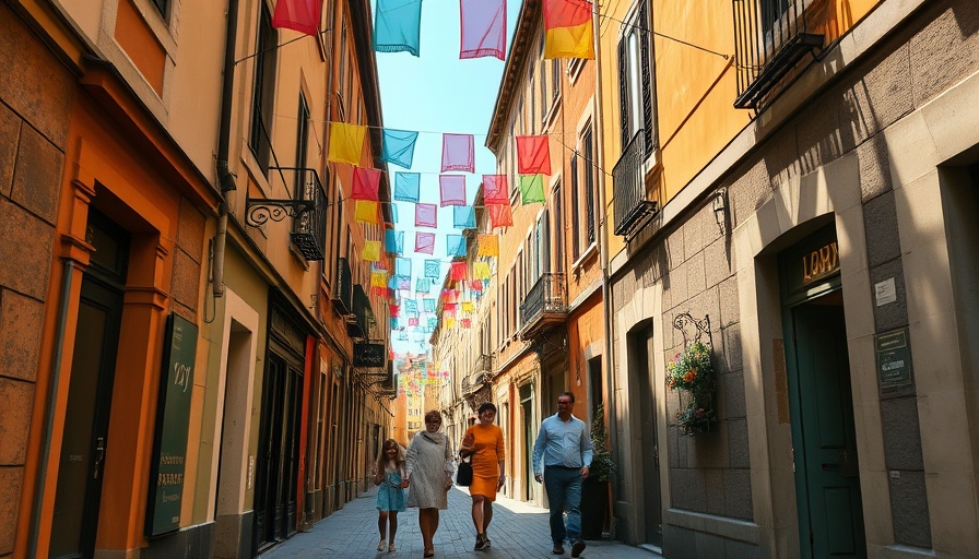 Family exploring a colorful alley; travel without jet lag.