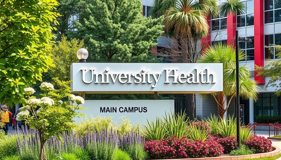 University Health main campus sign amidst greenery.