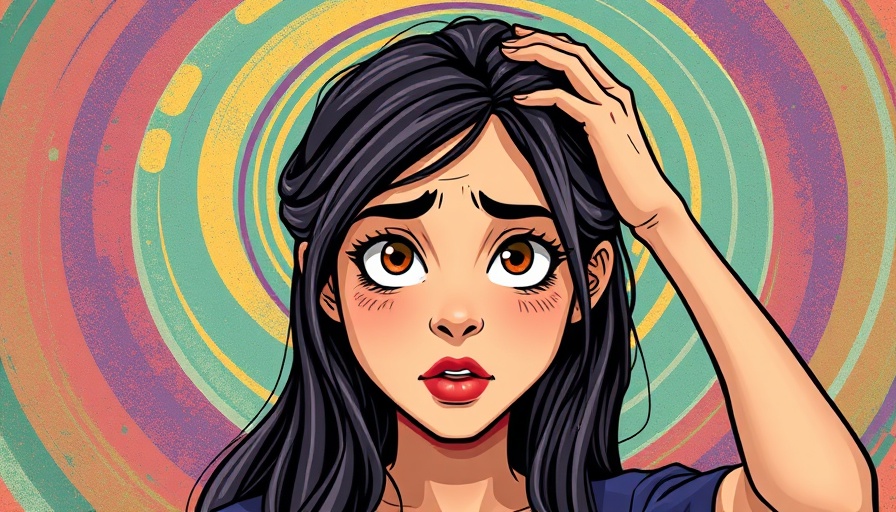 Stylized young woman overwhelmed with swirling stress symbols, vibrant colors.
