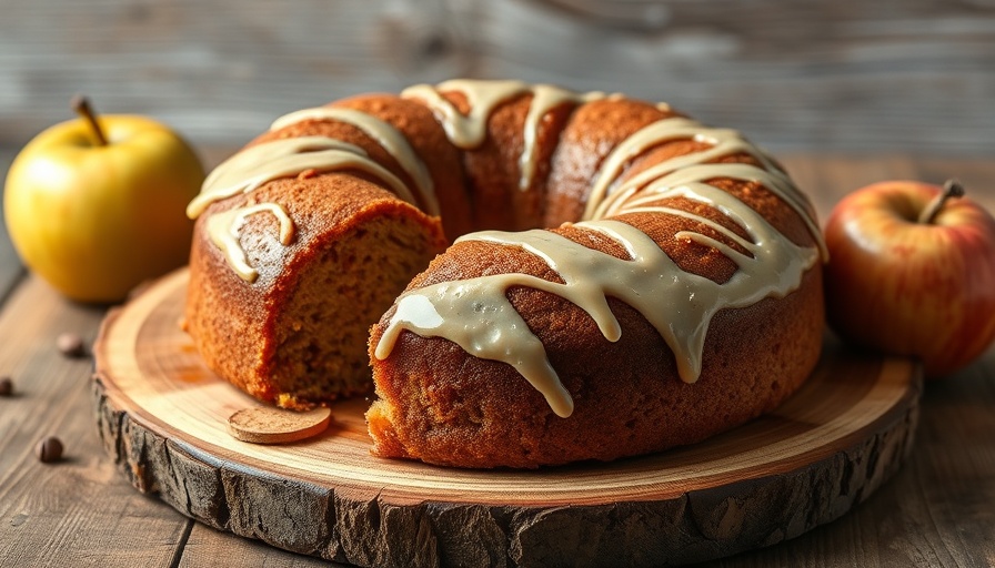 Brown butter apple coffee cake with white glaze on wooden board.