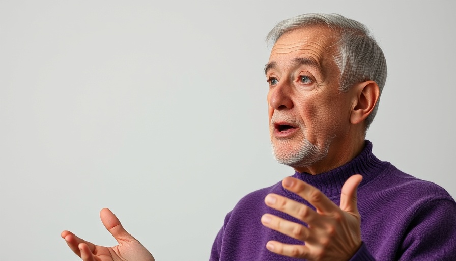 Older man in purple sweater speaking with expressive hand gesture.