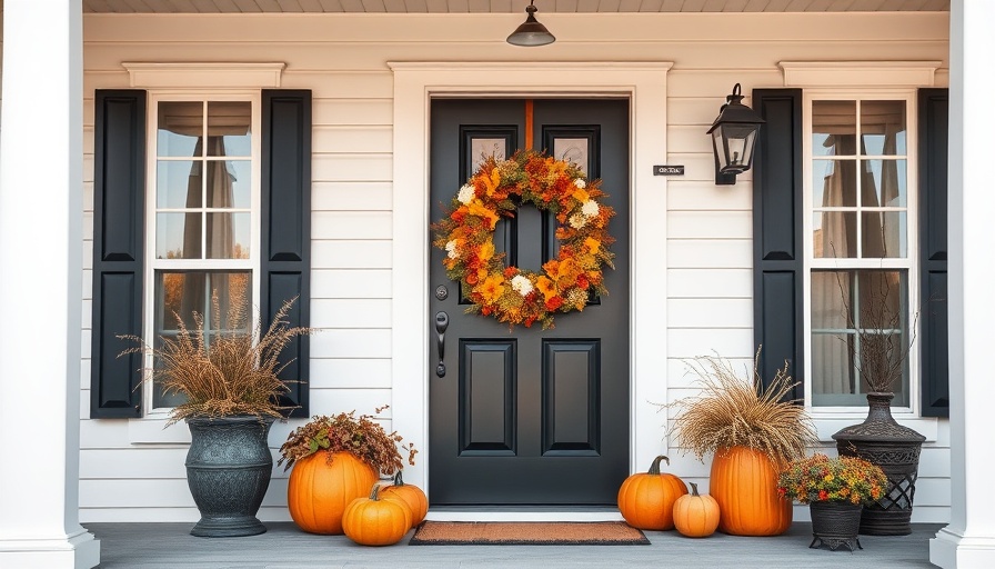 Thrift Store Fall Floral Display on porch with wreath and pumpkins.
