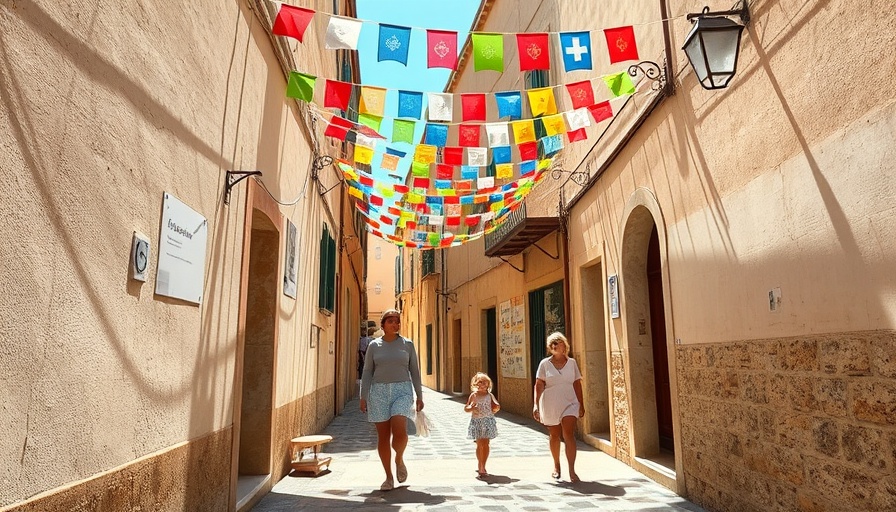 People walking in a rustic Mediterranean alley under colorful flags, depicting how to travel without jet lag.