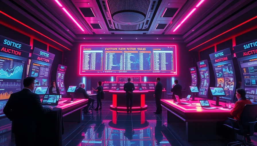 Futuristic auction scene with holographic displays and vibrant hues.