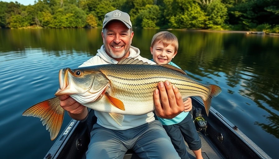 Father and son holding striped bass on a boat, symbolizing public hearings on striped bass management.