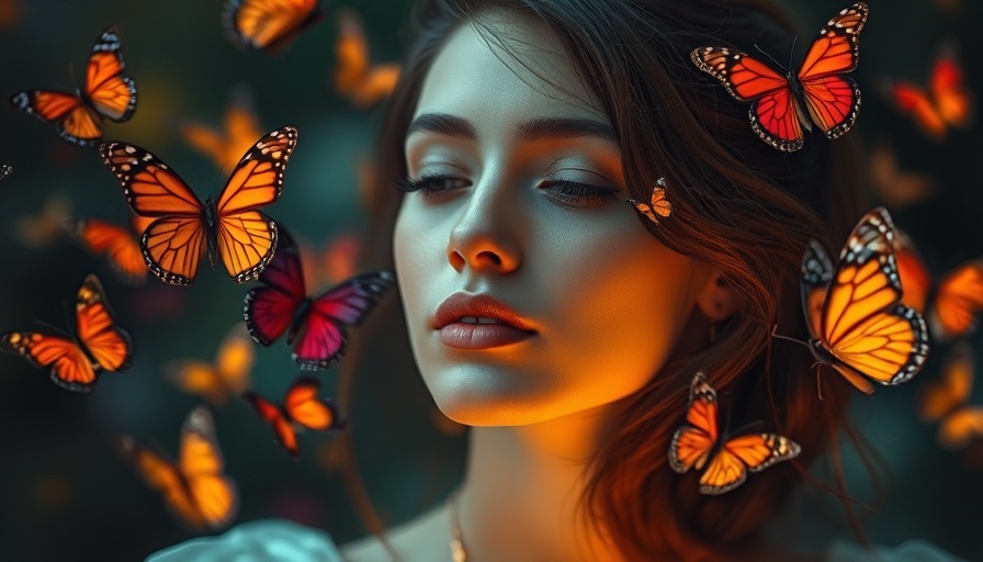 Woman with butterflies illustrating 'growth is about removing not adding'