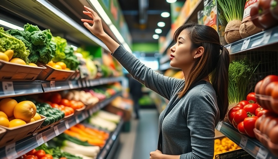 Woman shopping in grocery store, reaching for produce.
