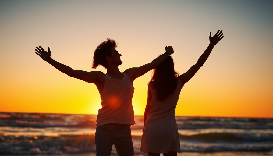 Joyful couple celebrating at sunset on a beach.