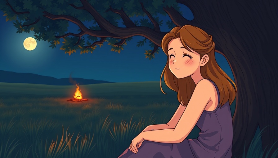 Serene young woman contemplating a bonfire in a night field.