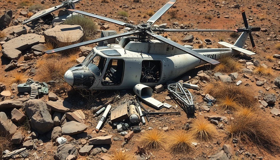 California firefighting helicopter crash debris in rocky landscape.