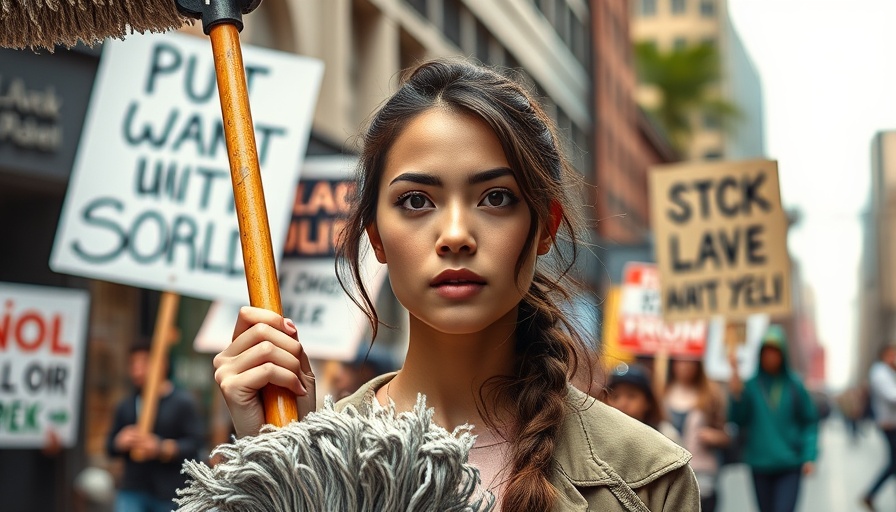 Protester with mop during L.A. Olympic Wage increase rally.
